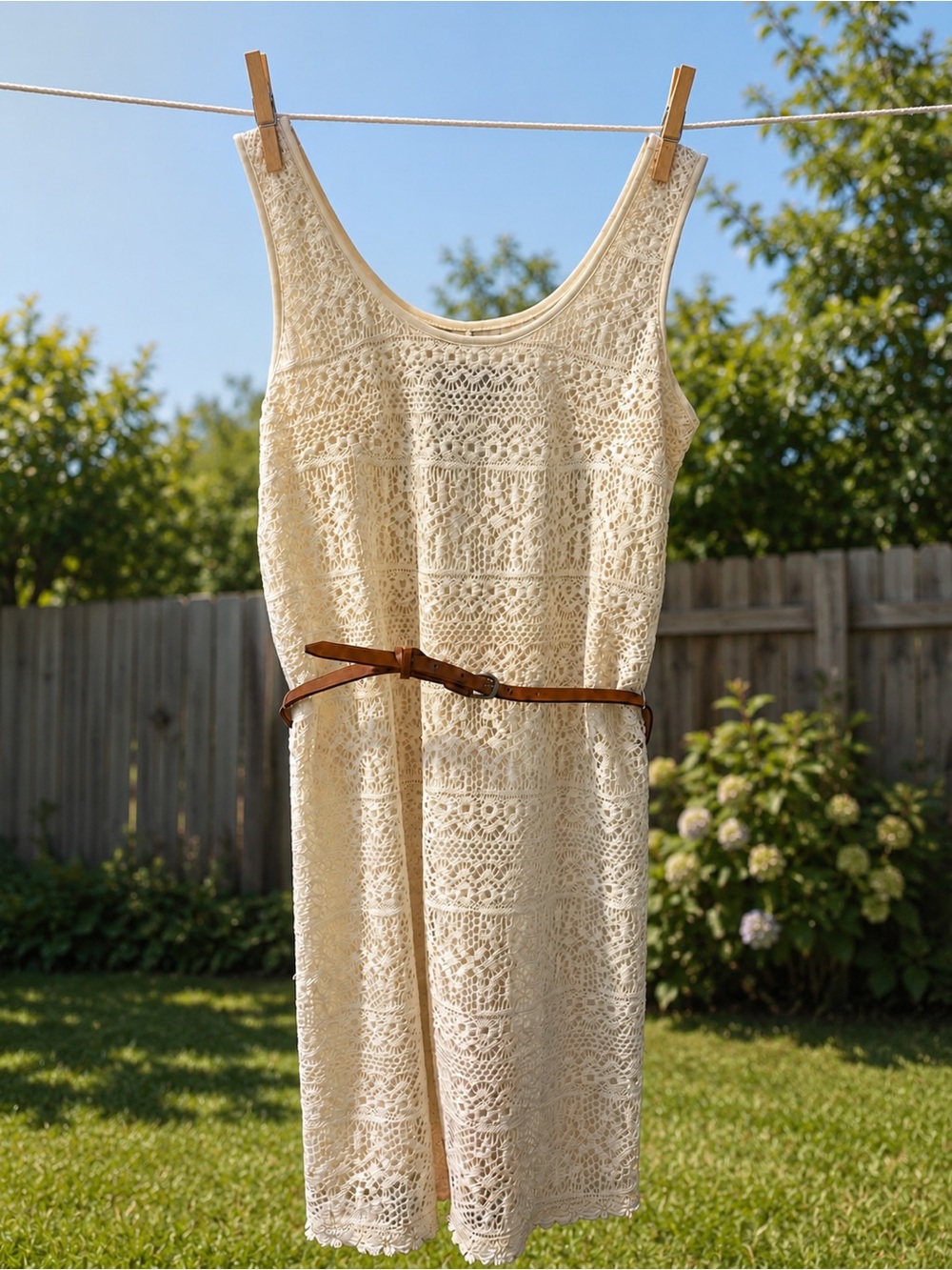 Cream Crocheted Sleeveless Dress with Belt